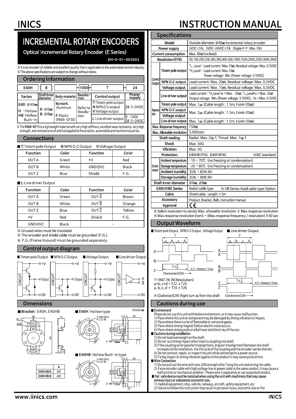 INICS Optical Rotary Encoder E40H hollow shaft type English user manual — model configuration, part names, ratings, output waveform, dimensions