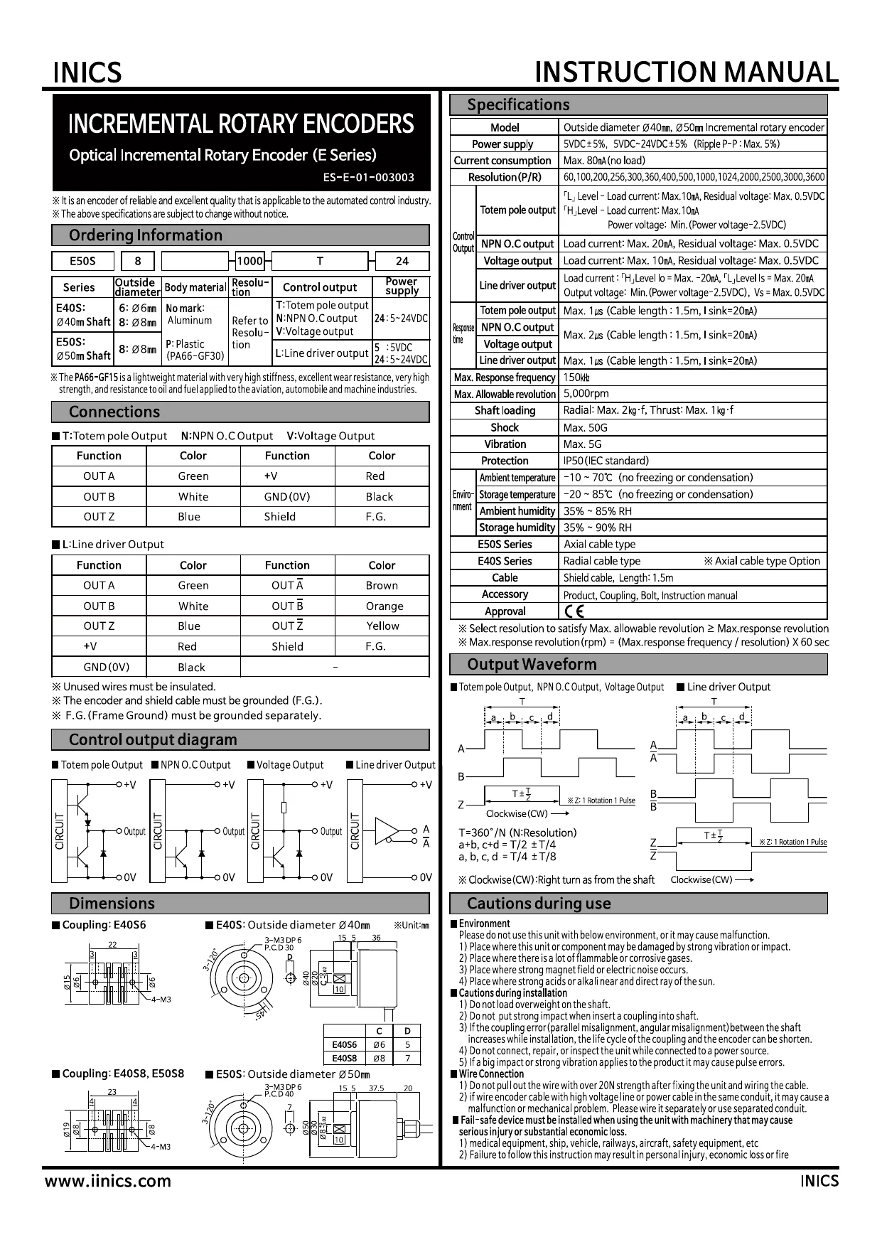 INICS Optical Rotary Encoder E50S shaft type English user manual — model configuration, part names, ratings, output waveform, dimensions