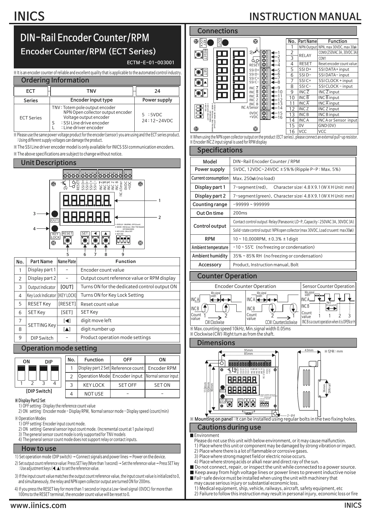 INICS Encoder Counter / RPM ECT Series English user manual — model configuration, part names, ratings and performance, wiring diagram, operation mode settings