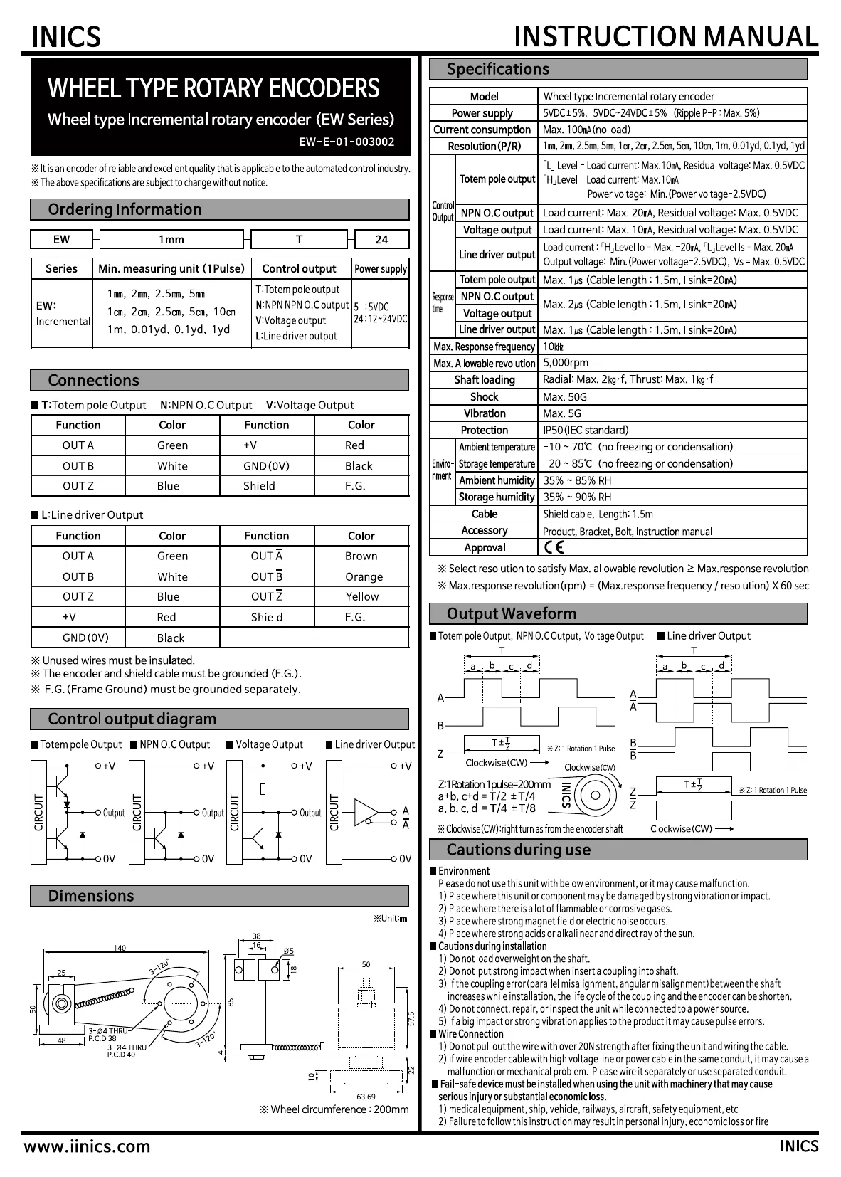 INICS Wheel Rotary Encoder EW Series English user manual — model configuration, measurement units, wheel specification, power supply, output types, dimensions
