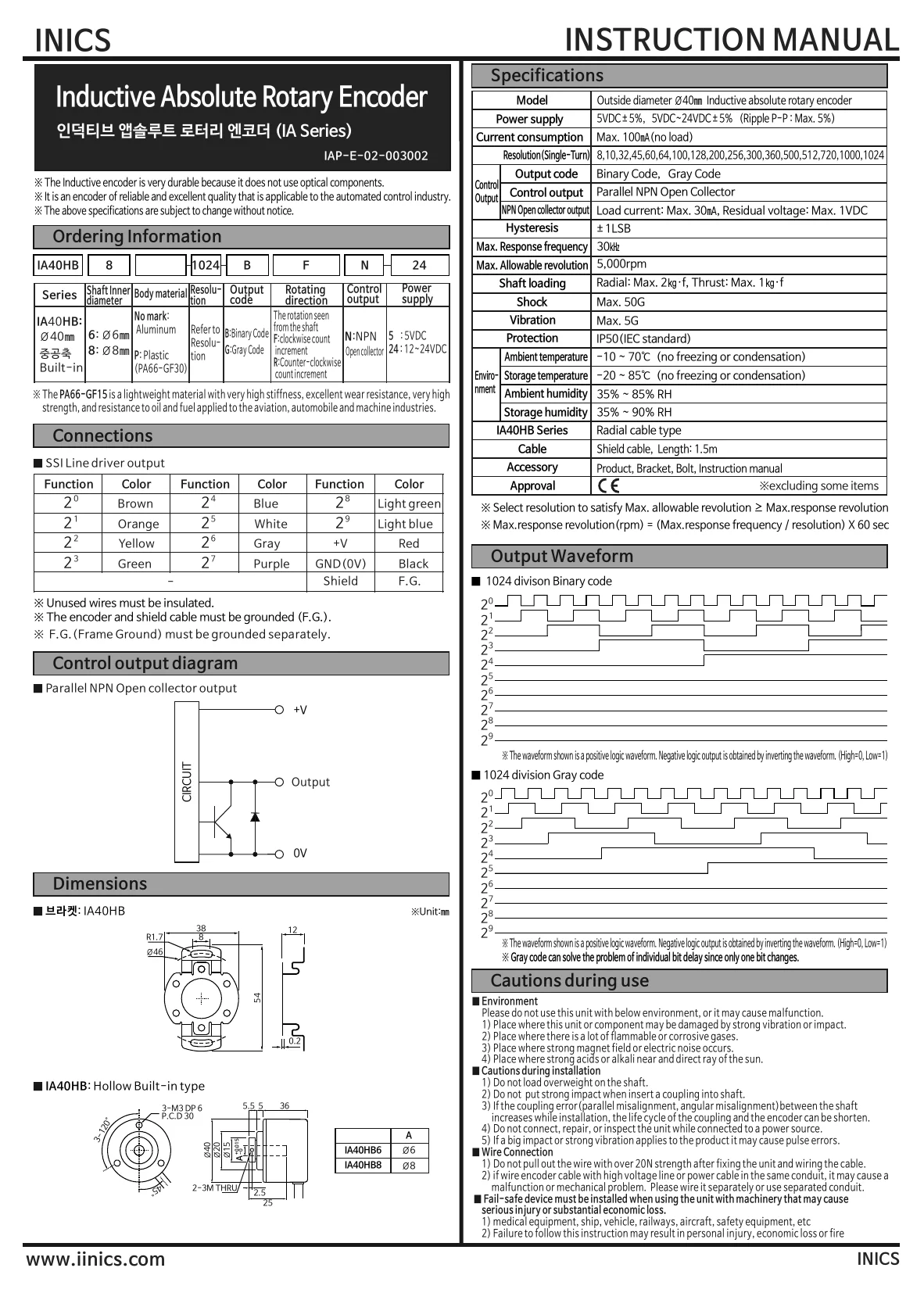 INICS Inductive Rotary Encoder hollow shaft type BFN parallel output English user manual — model configuration, resolution, output code, wiring, dimensions