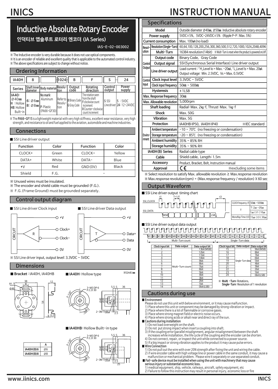 INICS Inductive Rotary Encoder hollow shaft type BFS SSI communication English user manual — model configuration, resolution, SSI protocol, wiring, dimensions