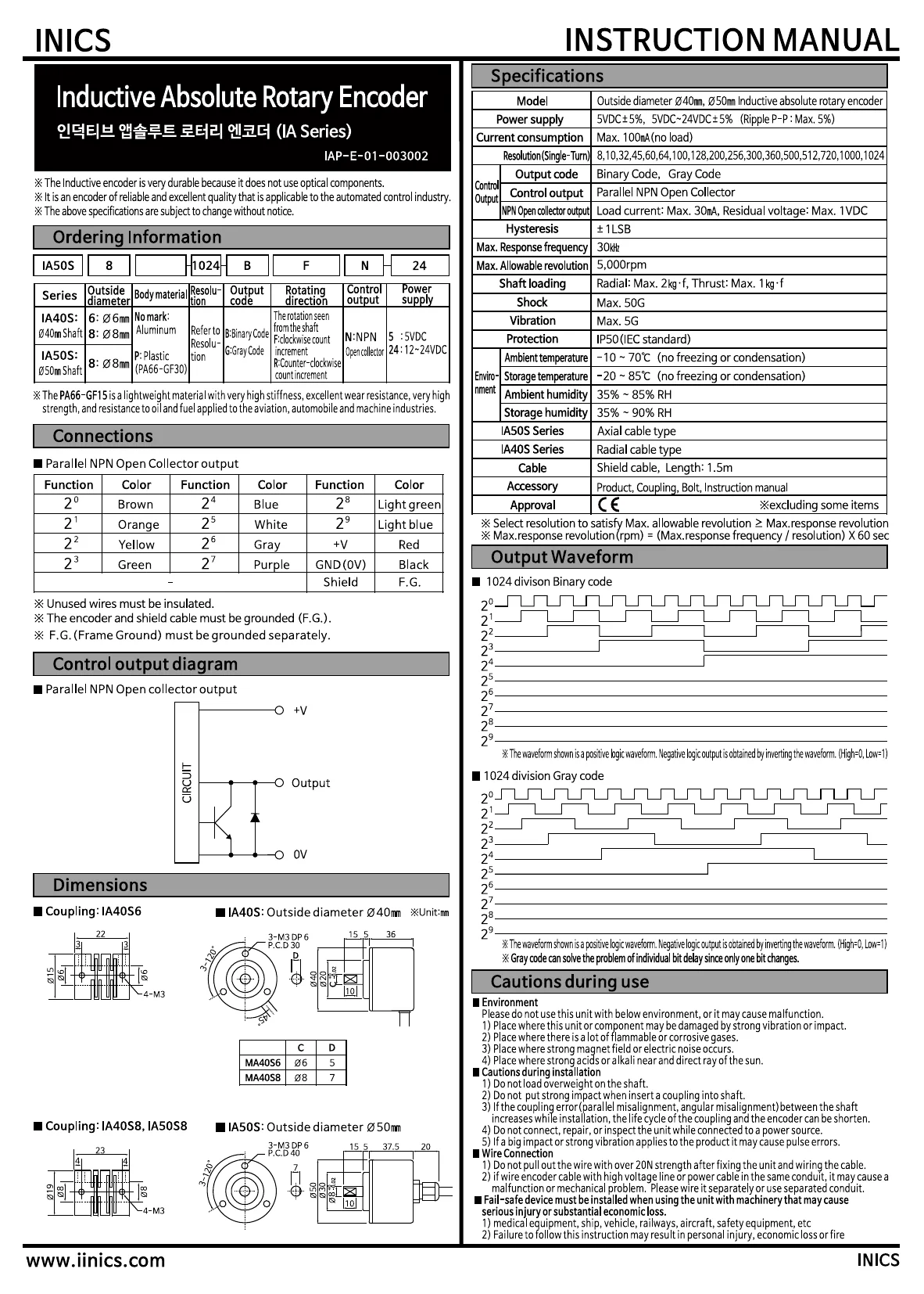 INICS Inductive Rotary Encoder shaft type BFN parallel output English user manual — model configuration, resolution, output code, wiring, dimensions