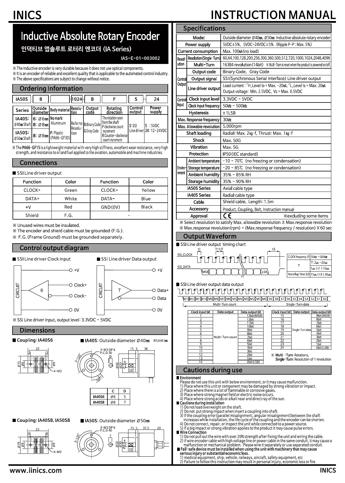 INICS Inductive Rotary Encoder shaft type BFS SSI communication English user manual — model configuration, resolution, SSI protocol, wiring, dimensions