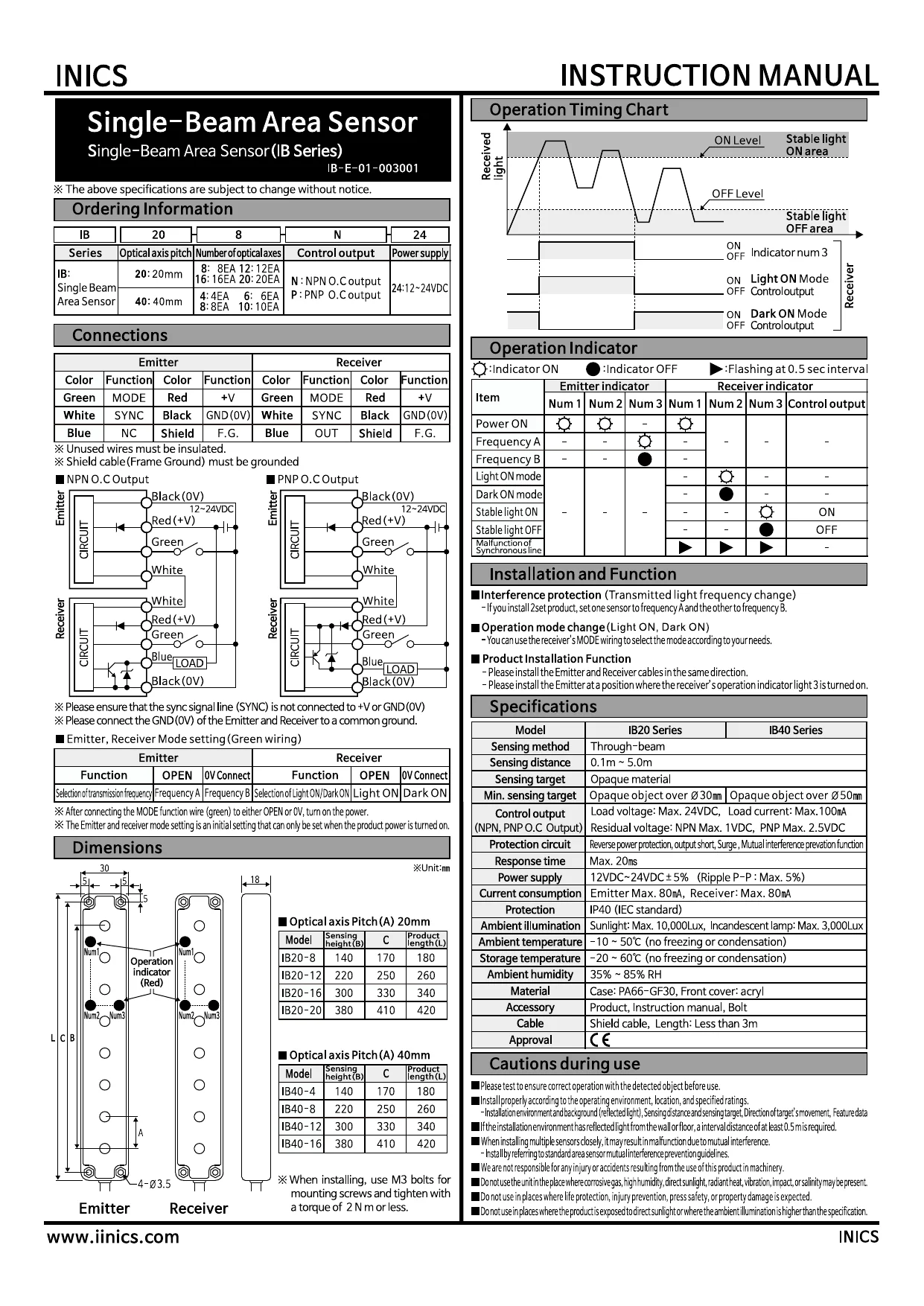 INICS Area Sensor IB Series English user manual — model configuration, optical axes and pitch, power supply, control output, installation