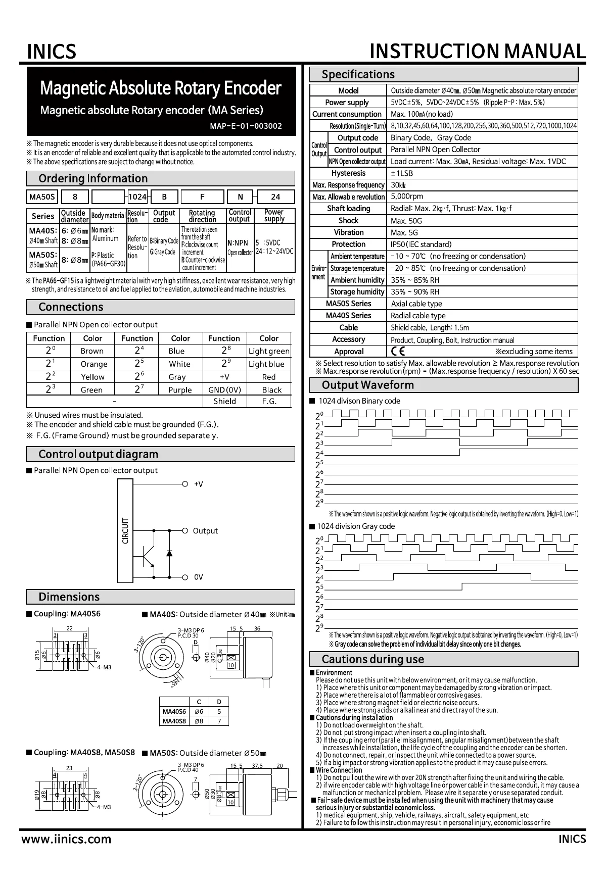 INICS Magnetic Rotary Encoder MA50S8-BFN parallel output English user manual — model configuration, resolution, output code, wiring, dimensions