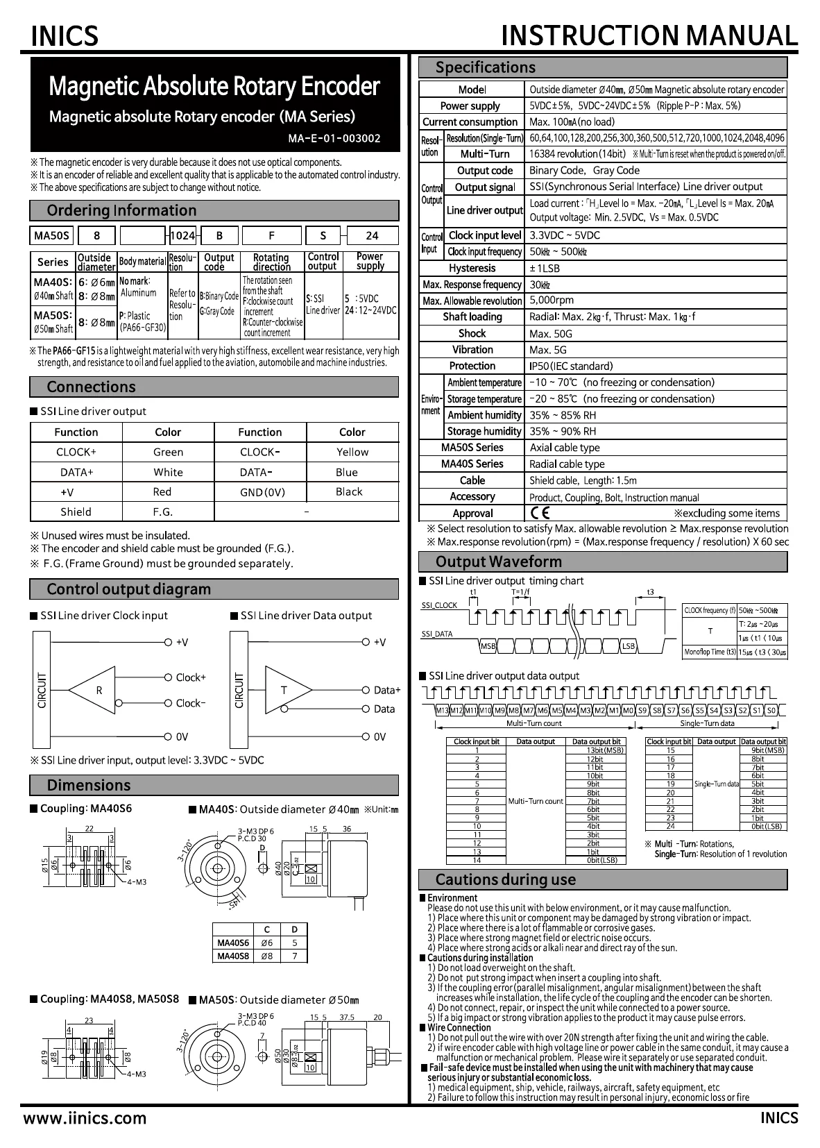 INICS Magnetic Rotary Encoder MA50S8-BFS SSI communication English user manual — model configuration, resolution, SSI protocol, wiring, dimensions