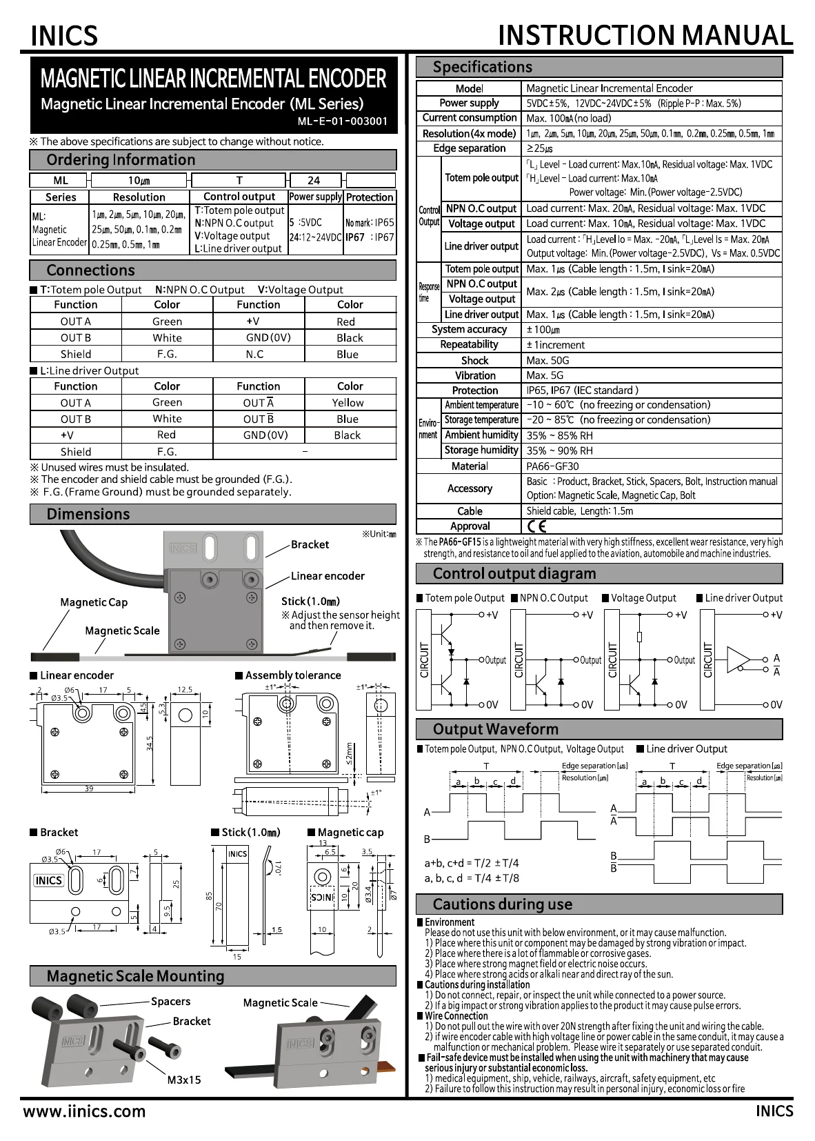 INICS Magnetic Linear Encoder ML Series English user manual — model configuration, resolution options, measuring length, power supply, output types